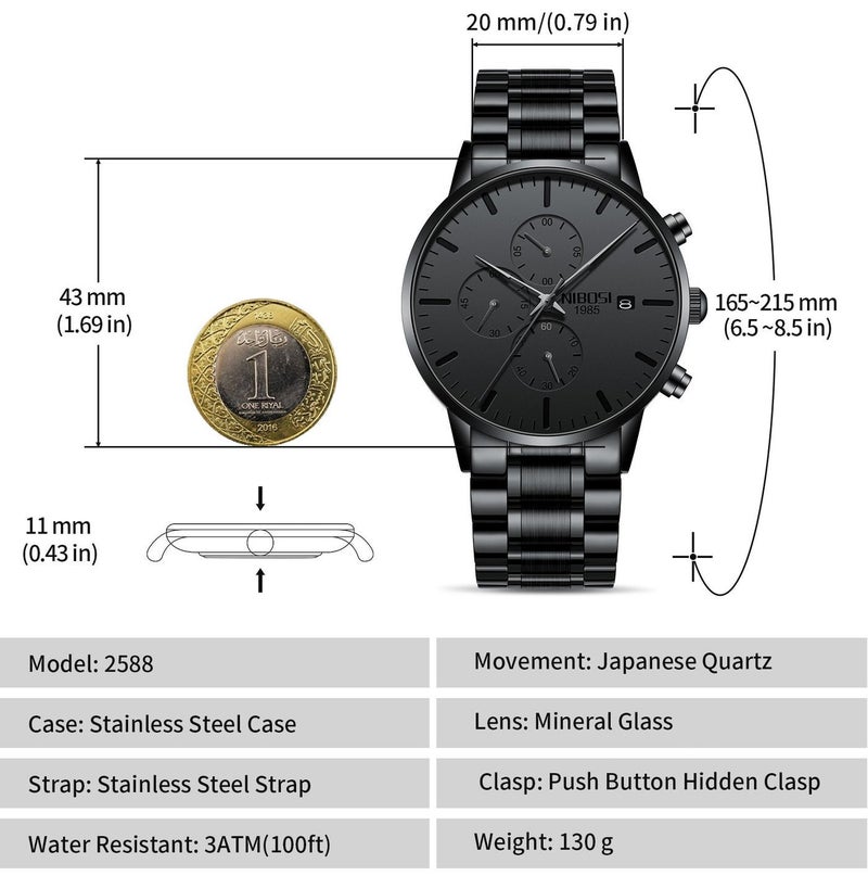 نيبوسي NIBOSI ساعات الرجال التناظرية الحد الأدنى الرقم الأسود ساعات للرجال الأعمال كرونوغراف العسكرية العادية ساعات المعصم الفولاذ المقاوم للصدأ حزام تاريخ - Image 2